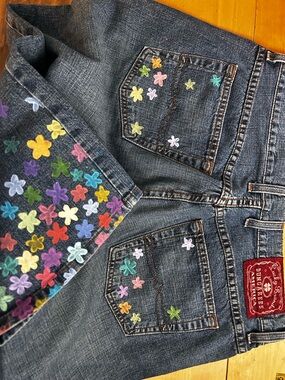 Lucky Brand Blue Denim Jeans with custom Multicolor Floral paint